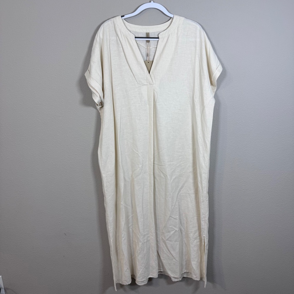 Soyaconcept Ina Dress Cream Linen Blend V-Neck Kaftan Boho Beach Midi XL NWT